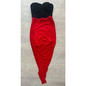 G by Guess Strapless Asymmetric Black and Red Midi Dress